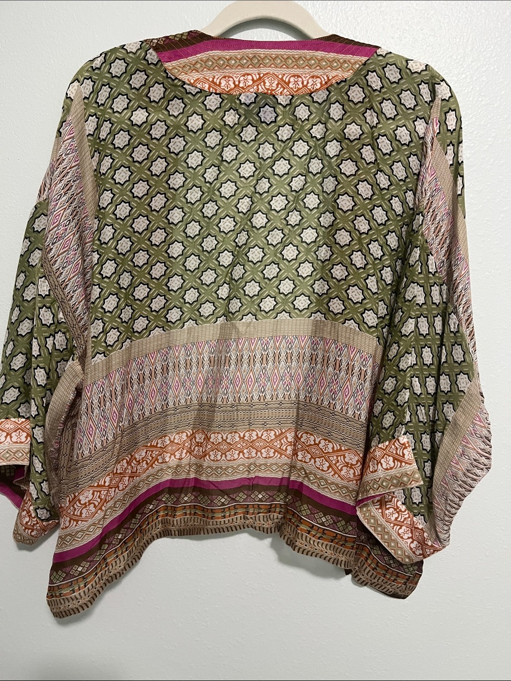 One Hundred Stars Olive Patterned Open-Front Kimono with Pink & Orange Trim - Picture 5 of 6
